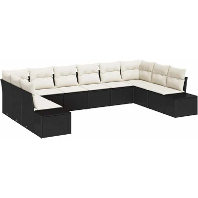 Image of vidaXL 10 Piece Garden Sofa Set with Cushions Black Poly Rattan