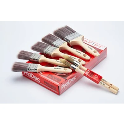 Image of ProDec 7 piece Premier Trade Synthetic Paint Brush Set for a Smooth Finish with Emulsion, Gloss, Satin Paints on Walls, Ceilings, Wood, Metal, 2x 1.5, 2, 1x 3 inch +2 Free Sash Brushes