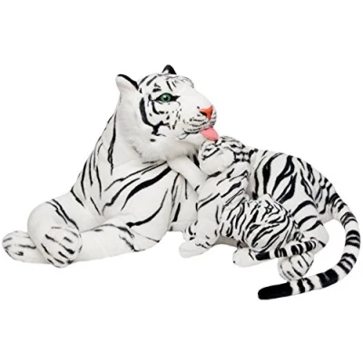 Image of BRUBAKER 39.4 inches (100 cm) Tiger Cuddly Toy with Baby Lying Mother Child Soft Plush White