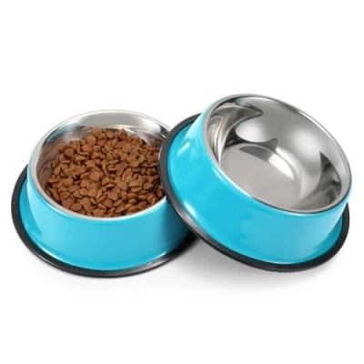 Image of WERFORU 2 Pieces Dog Bowls Stainless Steel Non Slip and Leak Proof Feeding Bowls, Pet Cat Food Water Blue Medium Size