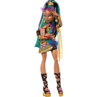 Image of Monster High Nefera De Nile Doll, Royal Mummy in Dress with Pet Scarab Lavish and 7 Accessories like Purse, Laptop, Sunglasses, Drink Snacks, JDR48