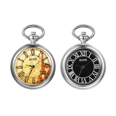 Image of JewelryWe Unisex Pocket Watch Vintage Round Quartz Clip Pendant Necklace