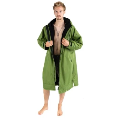 Image of Dryrobe Advance The Original Long Sleeve Waterproof Changing Robe Oversized Coat with Fleece Lining for Beach, Cold Water Wild Swimming, Surfing Medium Dark Green/Black