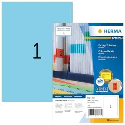 Image of HERMA Self Adhesive Coloured Labels, 1 Label per A4 Sheet, 100 Sheets, 210 x 297 mm, Blank Colour Labels Stickers, Sticky for Laser &amp; Inkjet Printer, Blue