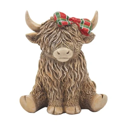Image of Widdle Gifts Reflections Bronze Resin Animal Ornament 12cm Highland Cow With Tartan Bow 6549