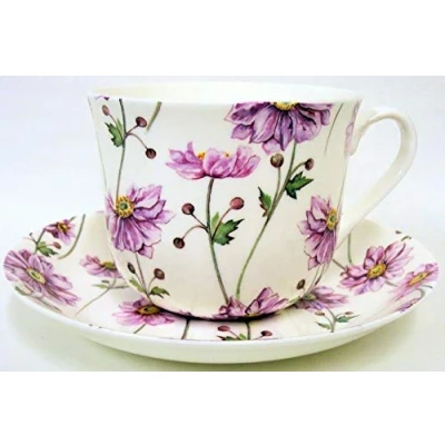 Image of Japanese Anemone Breakfast Cup &amp; Saucer Fine Bone China Large Hand Decorated in The U.K. Free UK Delivery