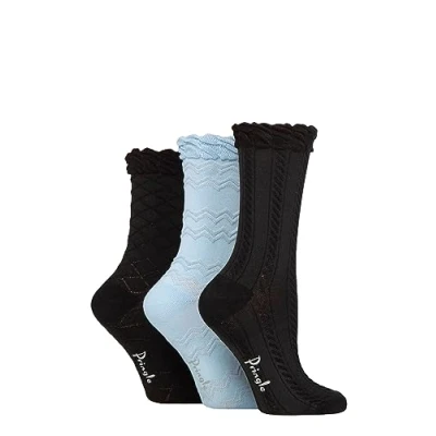 Image of Women&#039;s 3 Pair Pringle Cotton Textured Knit Socks Black / Blue 4 8
