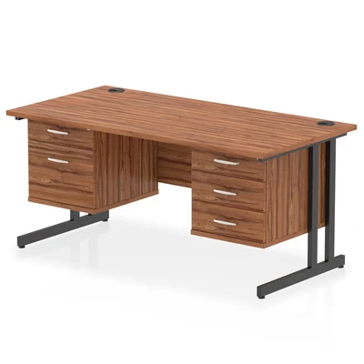 Image of Impulse 1600x800 Desk Walnut/Black Cantilever Leg 2+3 Drawer Fixed Ped