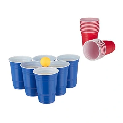 Image of Relaxdays beer pong mug set, set with 6 balls, 50 cups, drinking game, party cups 16 oz, red/blue