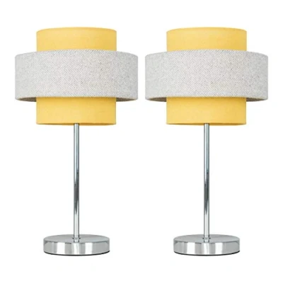 Image of Pair of Modern Polished Chrome Touch Bedside Table Lamps with a Mustard &amp; Grey Herringbone Shade