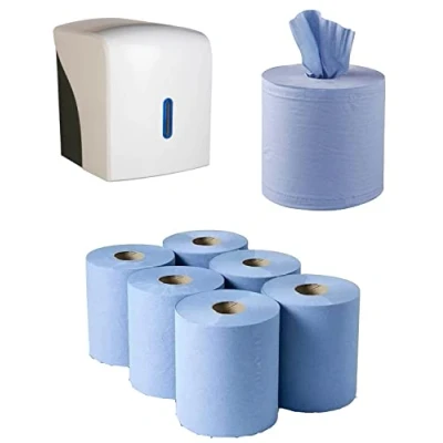 Image of Pack of 6 Centrefeed Blue Paper Rolls &amp; White Lockable Dispenser Unit Hand Towel