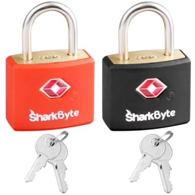 Image of SharkByte TSA Luggage Locks with Keys [2 Pack] Key Travel Locks, Suitcase Padlock for Luggage, Small Keyed Brass Gym Lockers, Laptop Bags, Suitcases, Backpacks, Bags Zippers
