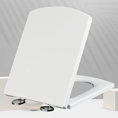 Image of White Toilet Seat Soft Close Heavy Duty Anti Bacterial, Square Shape Lid Loo for Bathroom, with Stainless Adjustable Hinges,white 37 * 47cm