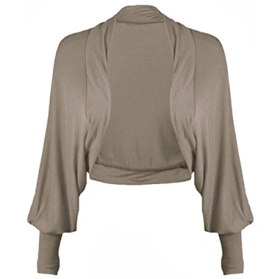 Image of Womens Long Batwing Sleeve Ladies Front Open Shrug No Fastening Bolero Jersey Cropped Cardigan Top Mocha Size 16 18 (L/XL)