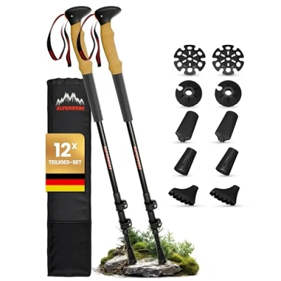 Image of Alpenwert Hiking Poles [Carbon &amp; Aluminium] Walking for Men and Women Telescopic Trekking with Cork Handle Hiking, Nordic Ski Touring (Aluminium)