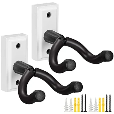 Image of POGOLAB Guitar Wall Mount, 2 Pack Hanger, Hook with Design for Anti Slip, Display Holder Screws, Easy to Install, Acoustic Electric Guitar, Bass, Ukulele, Banjo, Mandolin (White)