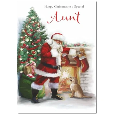 Image of doodlecards Aunt Christmas Card Santa by Tree Medium Size for with Plain Envelope