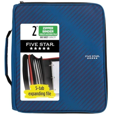 Image of Five Star Zipper Binder, 2 Inch 3 Ring Binder for School, 6 Pocket Expanding File, 380 Sheet Capacity, Cobalt Blue (72534)