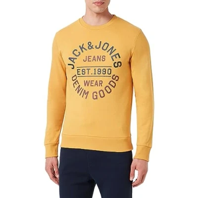 Image of JACK &amp; JONES Men&#039;s Jjmikk Sweat Crew Neck Pullover Sweater, Honey Gold/Print: Big, XXL