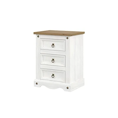 Image of Home Source Corona Distressed Waxed Pine 3 Drawer Bedside Nightstand, White