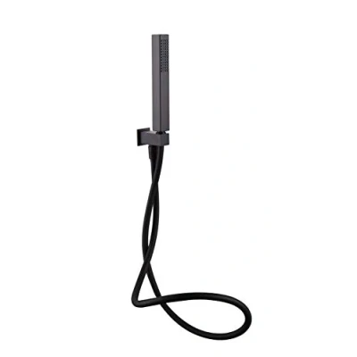 Image of Matt Black Square Hand Shower Bracket Holder Wall Outlet Elbow Head Handset &amp; Hose