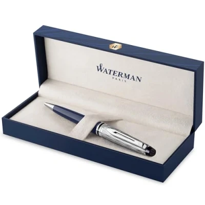 Image of Waterman Expert Ballpoint Pen Metal &amp; Blue Lacquer Chiselled Cap Ink Gift Box