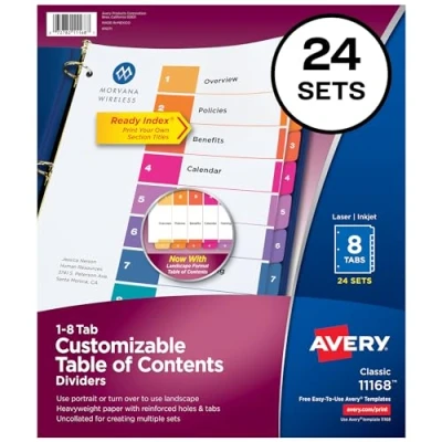Image of Avery 8 Tab Dividers for 3 Ring Binders, Customizable Table of Contents, Multicolor Tabs, 24 Sets (11168)