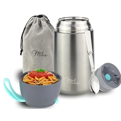 Image of Milu Food Flask for Hot 800ml Leakproof Insulated Stainless Steel Thermal Lunch Box, Soup Container with Spoon, BPA Free, To go Meal Prep, Porridge (Grey, 800ml)