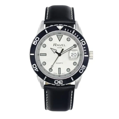 Image of Ravel Plus Men&#039;s 42mm Round 5ATM Calendar Watch Rotating Uni Directional Bezel and Sapphire Coated Lens Japanese Analogue Quartz RPD 012M Black/Black Bezel/Silver Dial