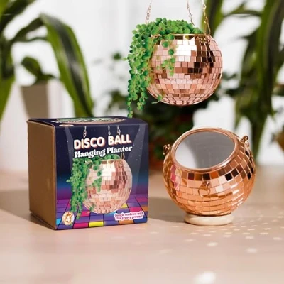 Image of Bubblegum Stuff Rose Gold Disco Ball Hanging Planter Basket For Indoor Plants, Chain, Rim, Herb Planter, Plant Pots Room Decor 4 inch