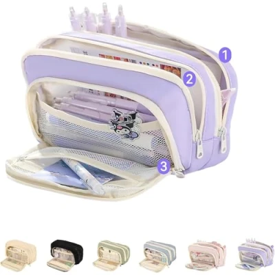 Image of Big Capacity Pencil Case, 3 Compartments Large Pouch, Simple Holder Pouch Organizer Pen Cases, Bag Box (Purple)