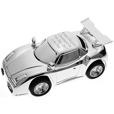 Image of Go Find A Gift Personalised Engraved Silver Racing Sports Car Money Box With Moving Wheels