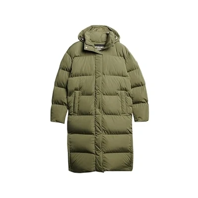 Image of Superdry Women&#039;s Longline Hooded Puffer Coat Jacket, Wild Khaki, UK 12