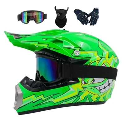 Image of Motocross Helmets Kids, Adult Youth Offroad Street Dirt Bike Helmet, Motorbike MX Helmet ATV BMX Downhill Quad Full Face Motorcycle Crash With Goggles Gloves(Color:Green,Size:S