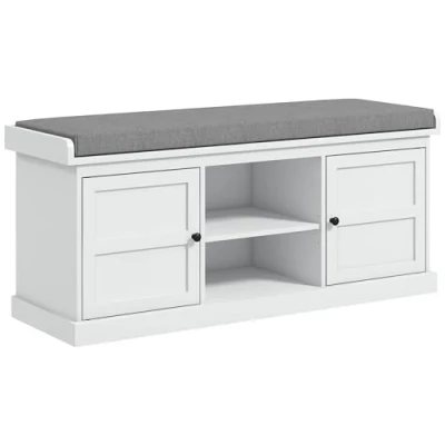 Image of HOMCOM Shoe Bench with Seat, Storage Cushion, 2 Cabinets and Adjustable Shelf for Entryway, Hallway, Living Room, Bedroom, White
