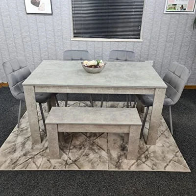Image of KOSY KOALA Grey Kitchen Dining Table, 4 Tufted Velvet Chairs and 1 Bench Set (140x80x75cm)