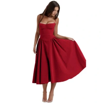 Image of CERAVI Sleeveless Corset Fit Midi Dress Spaghetti Strap Sundress Solid Color Print Bustier High Waist A Line with Pockets (Red,M)