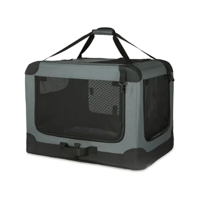 Image of Amazon Basics 4 Doors Portable Soft Sided Folding Travel Crate Kennel for cat, dog, and other small animals, Grey, M 76 cm x 54
