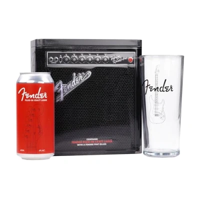 Image of Fender Plug In Craft Lager Gift Set, with Pint Glass. Includes 1x 440ml Can and Branded Glass, Perfect for Music Fans Christmas Birthdays
