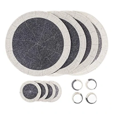 Image of Penguin Home Handcrafted Glass Beaded Round Placemats, Coasters &amp; Napkin Rings Set of 12 Handmade Table Place Mats for Dining 32 cm (13&quot;) Diameter (Grey and White)