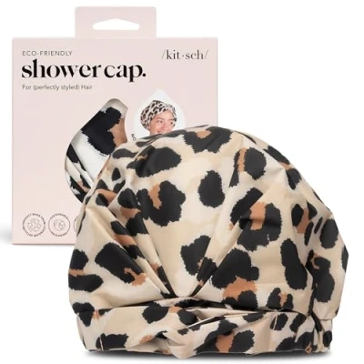 Image of Kitsch Luxury Shower Cap for Women Waterproof Reusable Cap, Hair Shower, Caps Long Hair, Non Slip Cute One Size, Chic Bonnet Leopard