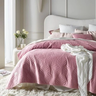Image of ROOM99 Feel Elegant Pink Bedspread 170 x 210 cm Versatile as a Bed Throw or Sofa Quilted Perfect Velvet