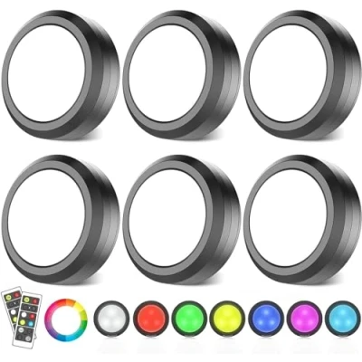 Image of MOUJUCHI Puck Lights, RGB Under Cabinet Lights Wireless LED Battery Operated Dimmable Night Light with Remote for Kitchen Closet Stair Shelf,6 Pack