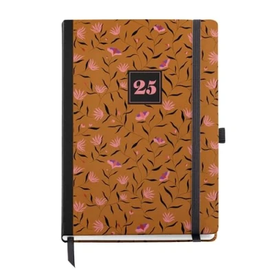 Image of Miquelrius 2025 Diary, Yearly Diary 155 x 213 mm, Day Page Agenda, Laminated Cardboard Cover, Spiral, Elastic Closure, Paper 80 g/m², Spanish, English and Portuguese, Autumn