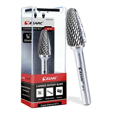 Image of EZARC Tungsten Carbide Rotary Burr Bit, SF 5 Double Cut 1/4&quot; Shank Die Grinder Cutting Burrs Bit for Metal Working &amp; Sturdy Storage Case