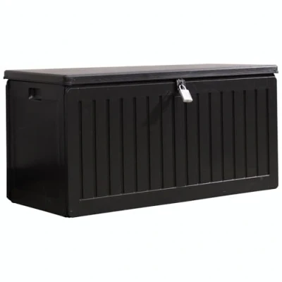 Image of Olsen &amp; Smith 270L Sit On Garden Storage Box Weatherproof Outdoor Plastic Shed Seat with Padlock, Lockable Wood Effect Chest for Patio, Deck, and Garage (Black, 270 Litre)