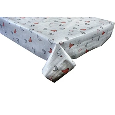 Image of linen702 Vinyl Tablecloth 2.5 metres (250 x 137 cm) Chickens and hens in red on grey dot. Fit an 8 Seater Size Rectangle table, Wipe Clean, Plastic Table Cloth (219