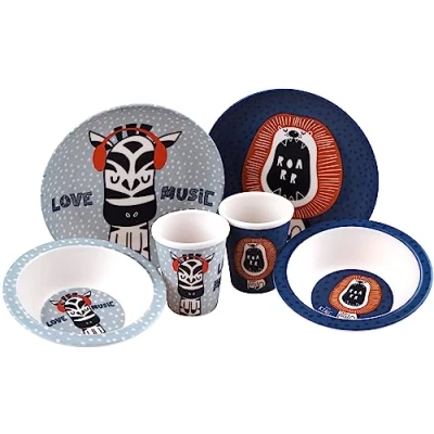 Image of Kids Lion Zebra 6 Piece Melamine Breakfast Set Plate Bowl, Cup