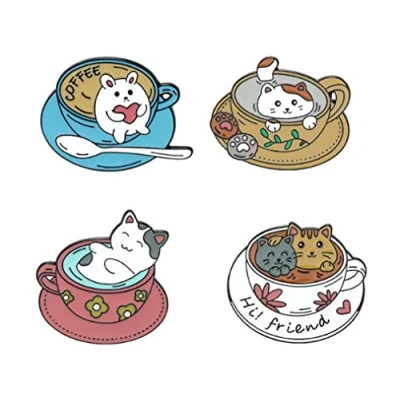 Image of Cute Cartoon Coffee Cat Enamel Lapel Pins 4Pcs Cup Brooch Badge Alloy Badges Animal Pin Clothes,Backpacks, Hats, Accessories