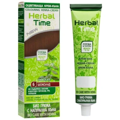 Image of Herbal Time Henna Natural Cream Color Chocolate Nº 6 Coloring with Nettle Extract Gray Hair Cover Temporary Dye Ammonia Free, Sulfates Parabens Free 75 ml